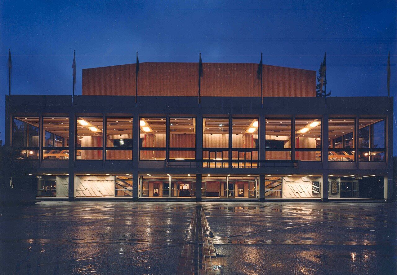 Zellerbach Hall exterior with evening lighting