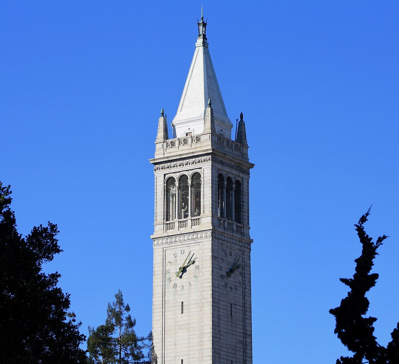 Sather Tower (Campanile) white bell tower against blue sky