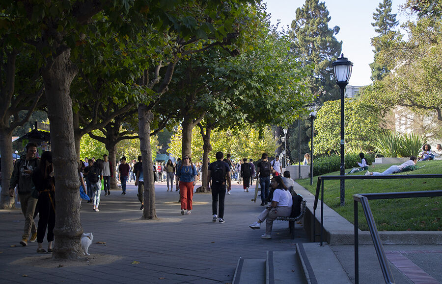 Sproul Plaza outdoor space with trees, people, and campus buildings
