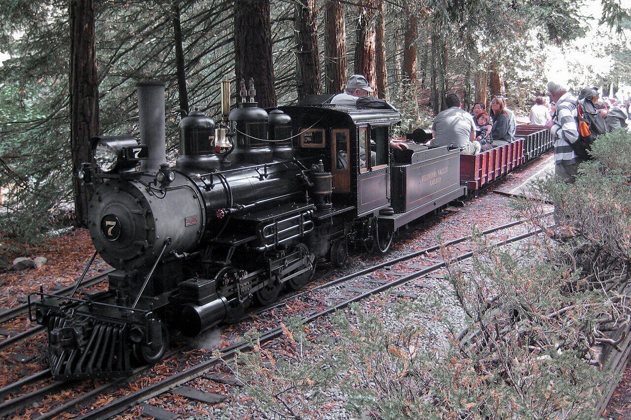 Historic steam locomotive on tracks at Tilden Park Steam Trains