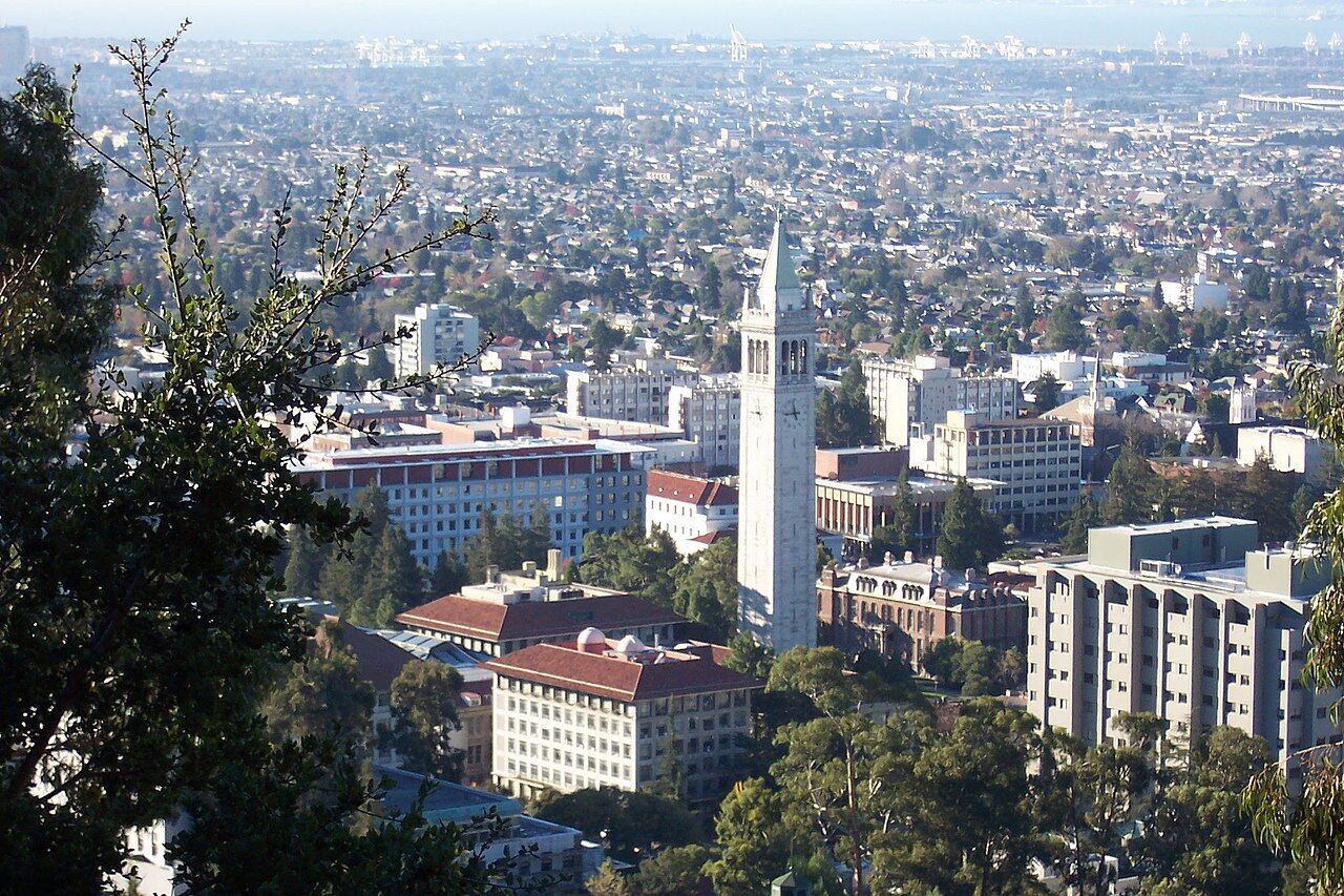 Aerial campus view showing UC Berkeley buildings and Campanile tower