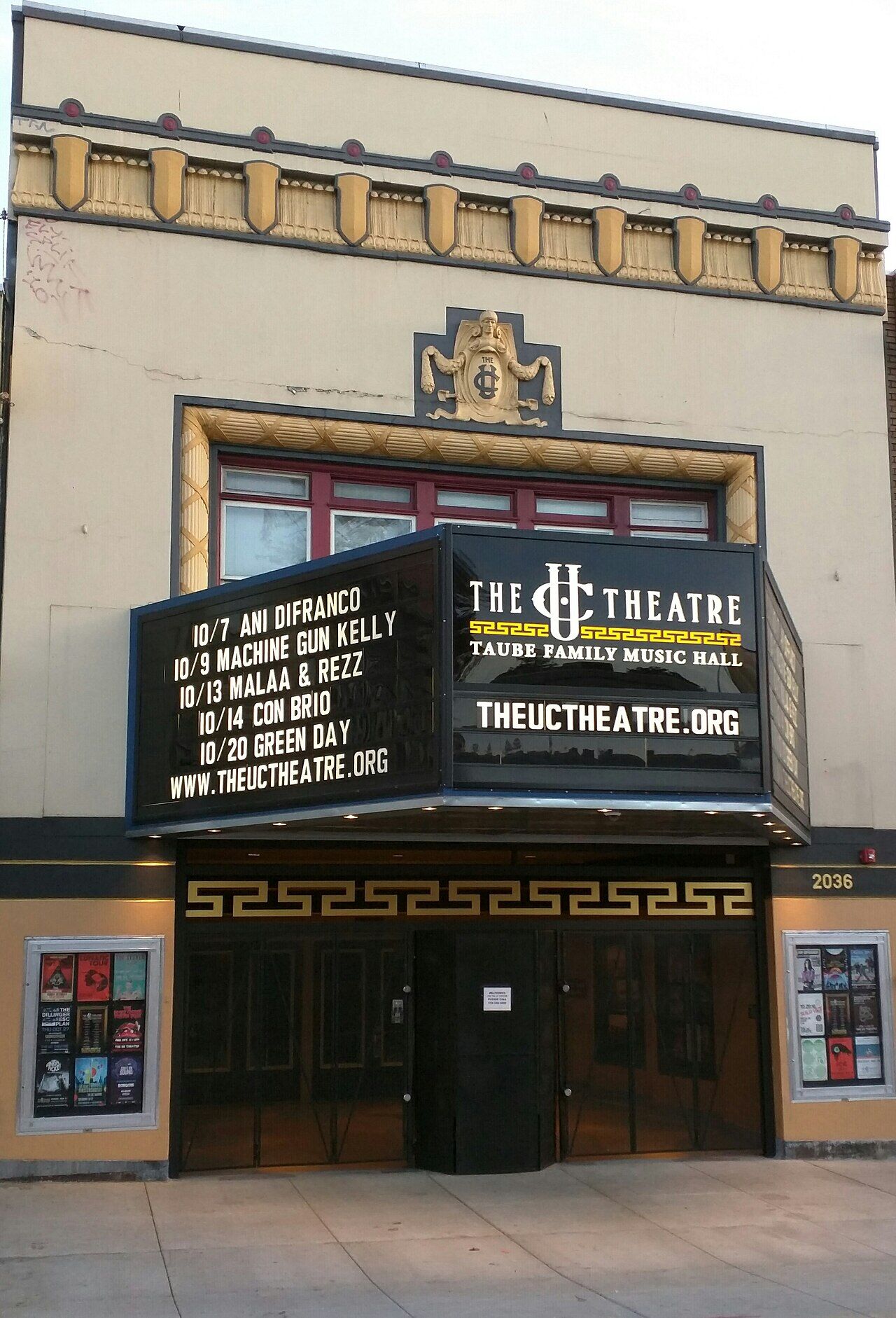 Historic UC Theatre building facade with marquee signage