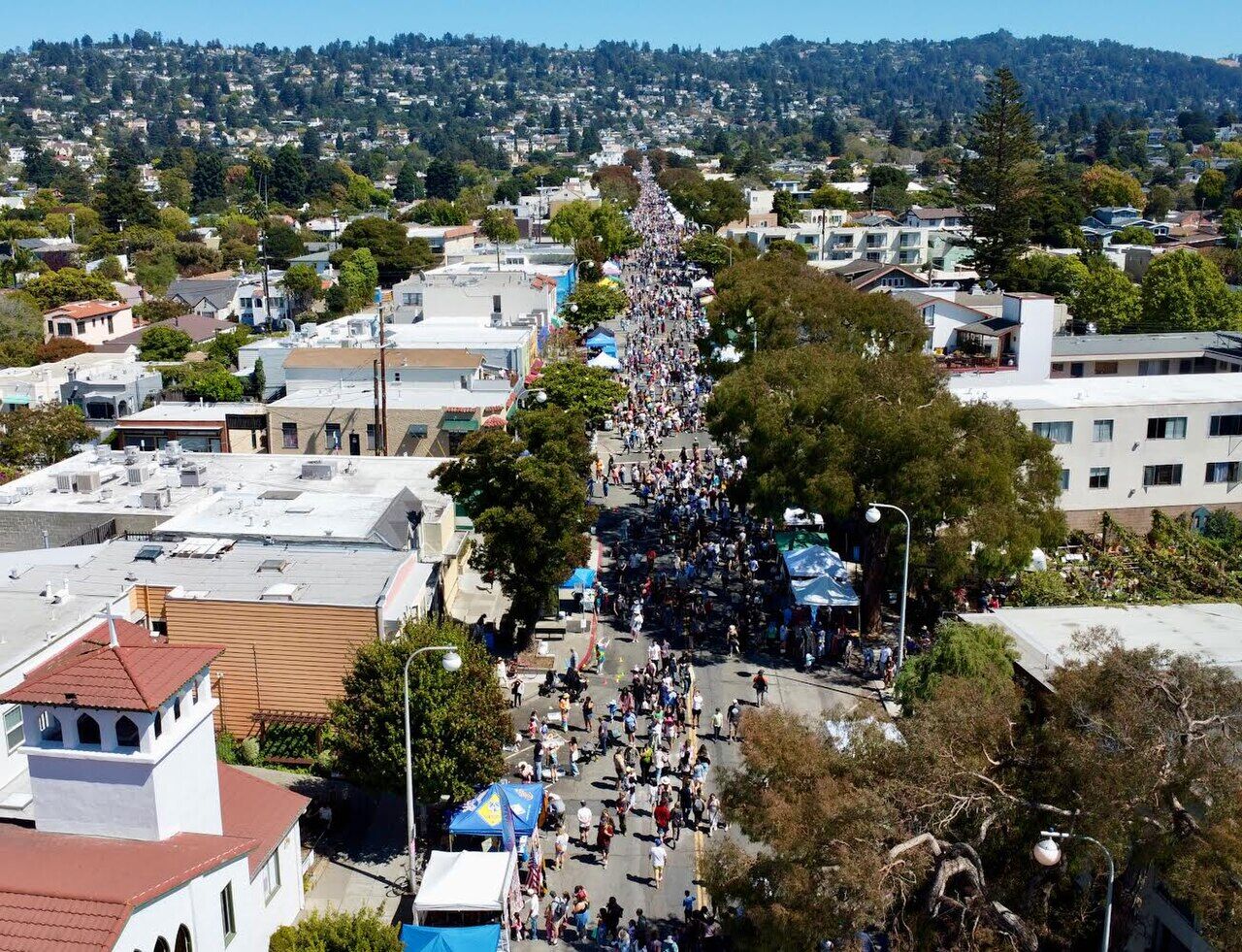 Aerial view of Solano Stroll festival with crowds