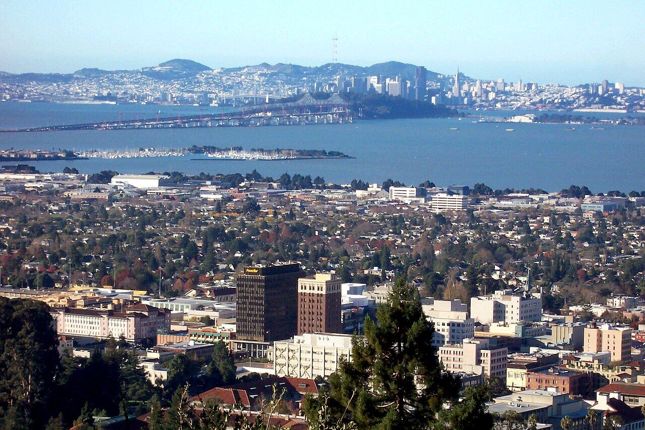 Downtown Berkeley cityscape with San Francisco Bay